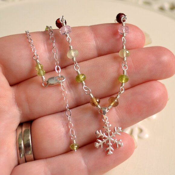 Snowflake Necklace with Christmas Gemstones in Sterling Silver - Picture 4 of 5